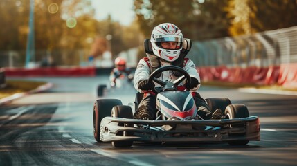 white man practicing kart racing sport, person is focused and enjoying the sport, sports photography, generative ai