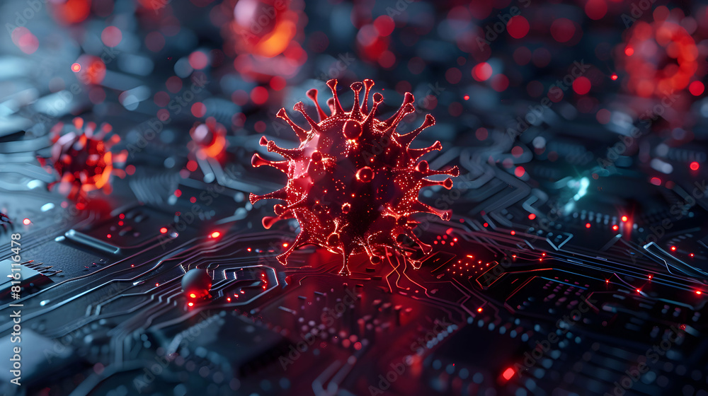 Poster photo realistic concept of a virus icon attacking a computer system: flat 3d icon representing malwa