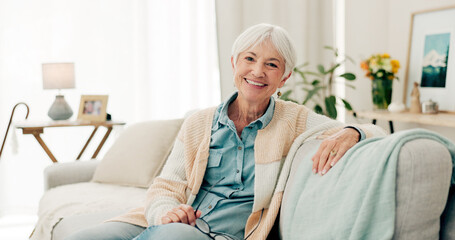 Happy, senior woman and relax on sofa in nursing home or grandma with happiness, freedom and...