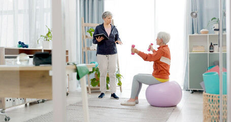 Senior woman, exercise ball and personal trainer in home, tablet or app for training advice,...