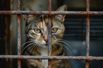 A close-up of a striped cat peering through rusty metal bars with a poignant expression