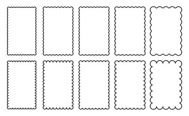 Set of rectangle frames with wavy edges. Editable wiggly borders rectangular shapes collection. Scallop edge square shape isolated on transparent background.