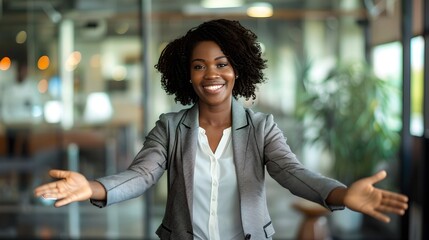 Welcoming Businesswoman with Open Arms in a Modern Office Environment Exudes Friendliness and Professionalism. Casual Corporate Style Captured in Natural Light. AI