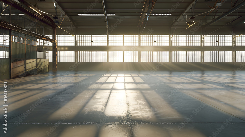 Poster sunny spacious hangar area with concrete floor and windows in floor 3d render : generative ai