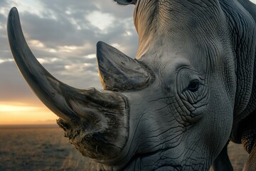 A close-up portrait of a rhino in the wild