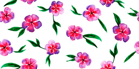 Vintage floral background. Seamless pattern for design and fashion prints. Floral pattern with small fuchsia flowers and green leaves on white background.