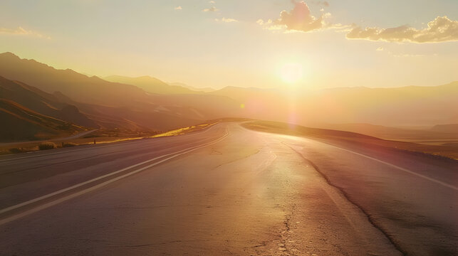 Empty long mountain road to the horizon on a sunny summer day at bright sunset  speed motion blur effect : Generative AI