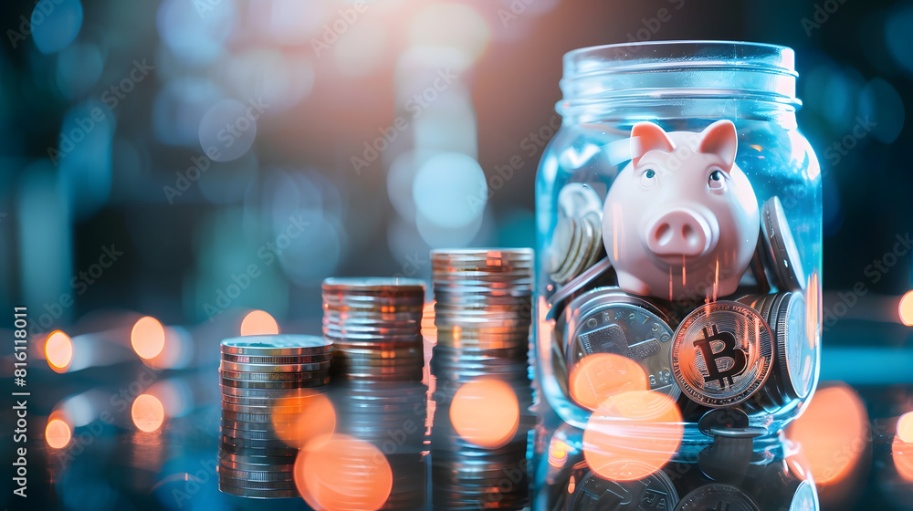 Poster background of coins stacks in pig jar with empty label banner profession business saving plan for fa