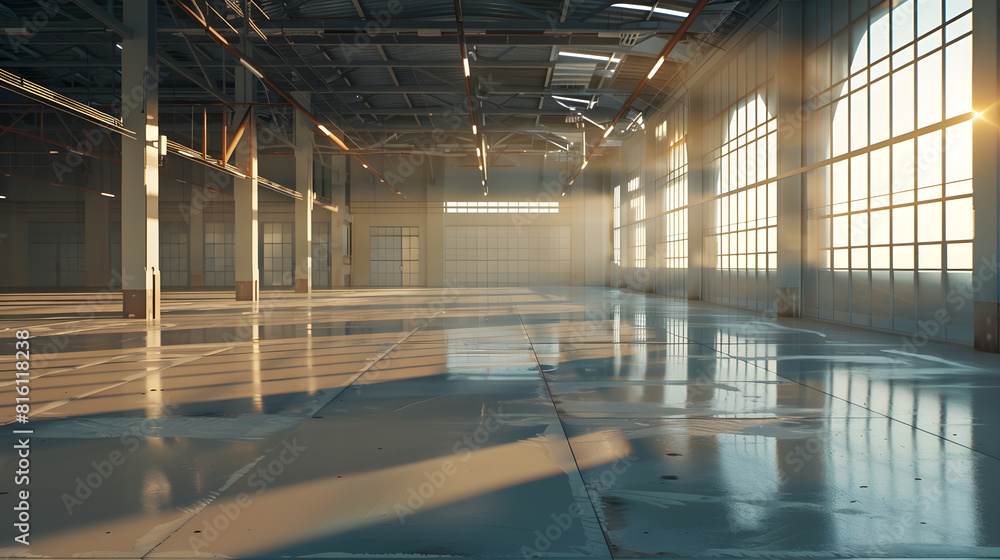 Poster sunny spacious hangar area with concrete floor and windows in floor 3d render : generative ai