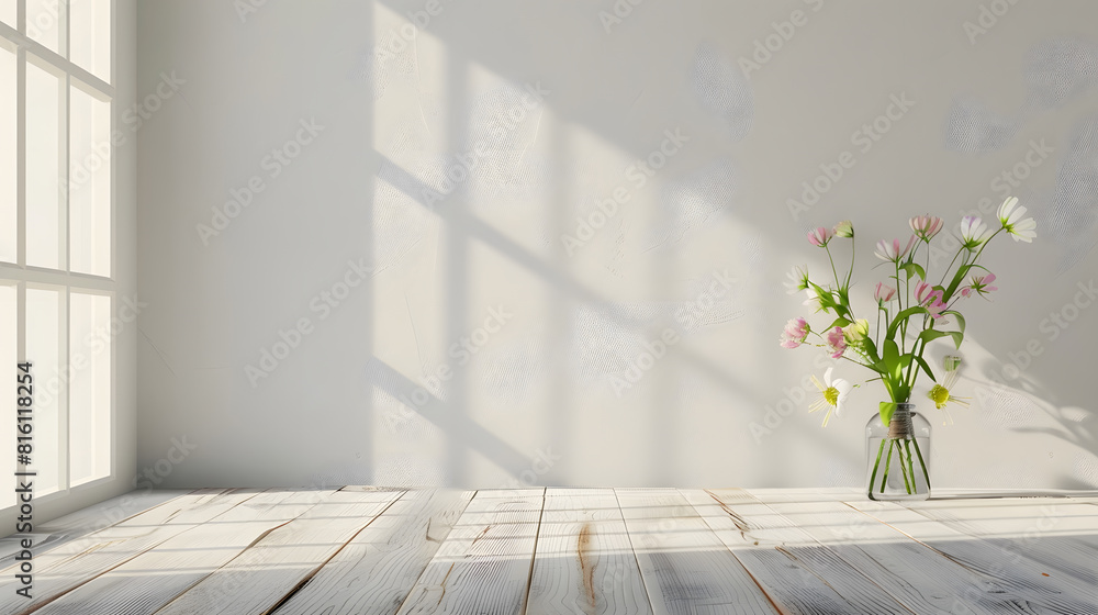 Aufkleber table background of free space and kitchen interiorwhite wall with shadows and sunny warm morning ti