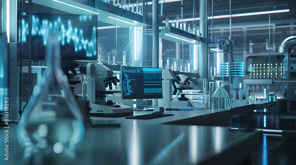 Poster Modern Empty Biological Applied Science Laboratory with Technological Microscopes Glass Test Tubes Micropipettes and Desktop Computers and Displays PCs are Running Sophisticated DNA Ca : Generative AI