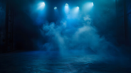 The dark stage shows dark blue  background an empty dark scene neon light spotlights The asphalt floor and studio room with smoke float up the interior texture for display products : Generative AI