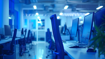 Modern Office Space Interior in Blue Gradient Computer Work Stations Office Workplace : Generative...