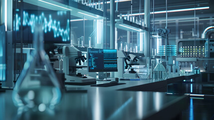 Fototapeta premium Modern Empty Biological Applied Science Laboratory with Technological Microscopes Glass Test Tubes Micropipettes and Desktop Computers and Displays PCs are Running Sophisticated DNA Ca : Generative AI