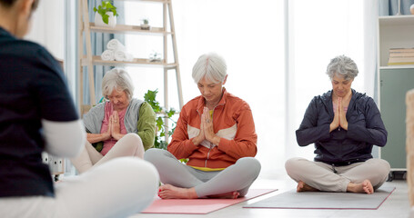 Senior women, start yoga and coach talking of health, wellness and spiritual training, support and...