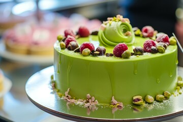 Luxurious green cake with a shiny mirror glaze, topped with fresh berries and pistachios