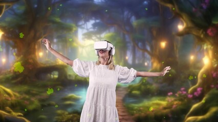 Smiling woman looking around by VR surround wonderful fairytale forest with maple leaves falling at...