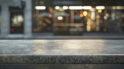 Stone table top with copy space. Bus stop background hyper realistic 