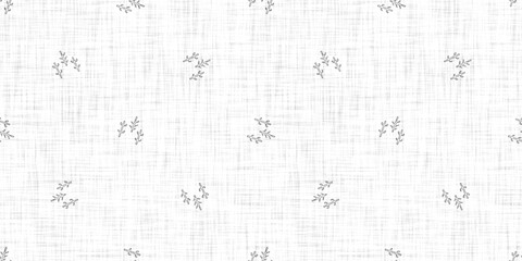 White neutral minimal woodland tree motif with Linen effect texture for baby nursery seamless background. Modern muted simple soft motif pattern for wallpaper, home decor white gray design. 
