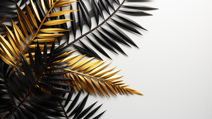 On a white backdrop, flat lay tropical palm leaf branches in gold and black. Space for copy and text