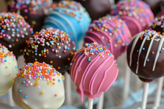 Close-up of assorted cake pops with vibrant icing and sprinkles