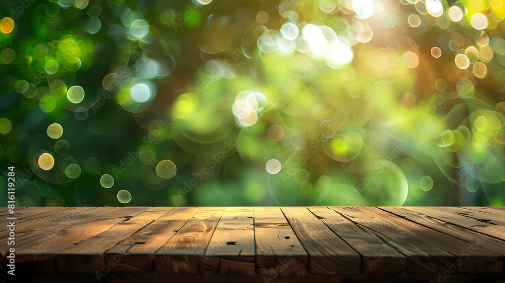 Poster Perspective wooden table and bokeh light background product display template : Generative AI