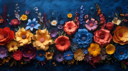 Cascading petals of paper flowers cascade in a symphony of colors, their delicate forms juxtaposed against a backdrop of deep, tranquil blue, creating an ethereal scene