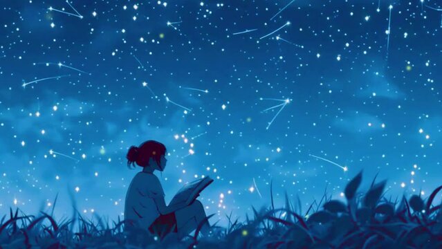 Lofi Girl studies under a starry sky with twinkling stars and the gentle movement of constellations in the background, 4k Japanese anime style lofi music background