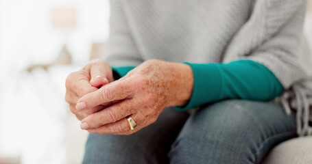 Senior woman, anxiety and hands in stress, worry or concern over waiting for medical results,...