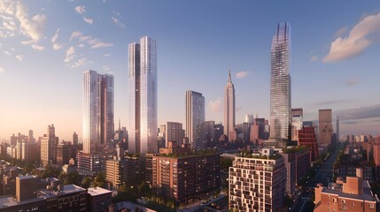 Obraz premium Breathtaking urban skyline during sunrise. Modern skyscrapers bathed in golden light. Cityscape photo perfect for background or canvas. AI