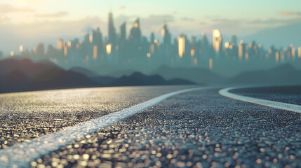 Obraz premium Asphalt road and mountain with city skyline scenery : Generative AI