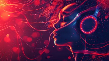 Vibrant person with headphones and flowing neon abstract lines portraying a music or audio theme....