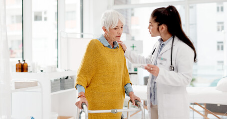 Walking frame, medicine or doctor with a senior patient in consultation for healthcare advice at...