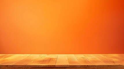 Empty wooden table on abstract orange background for product presentation copy space : Generative AI