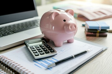 Pink piggy bank on a desk with financial charts, a calculator, a laptop, and notebooks
