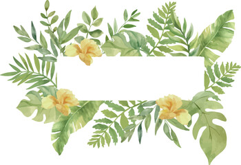 Vector Watercolor horizontal frame with yellow flowers, monstera, palm leaves. Template space for text. Greeting cards, invitation, gender party, baby shower, birthday, event, holiday, wedding card