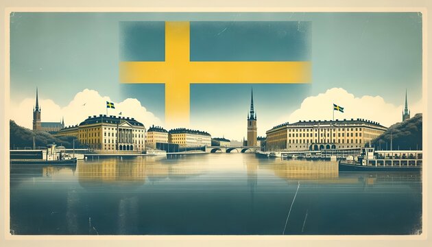 Vintage style illustration for sweden national day with the swedish flag and iconic stockholm scenery.