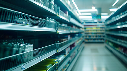 Fototapeta premium View of empty supermarket shelves grocery store work stoppage closes sanctions and embargo panic buying with supplies and goods shortage food crisis and deficit concept : Generative AI