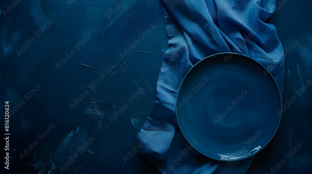 Poster blue table cloth with a plate on black chalkboard background flat lay top view : generative ai