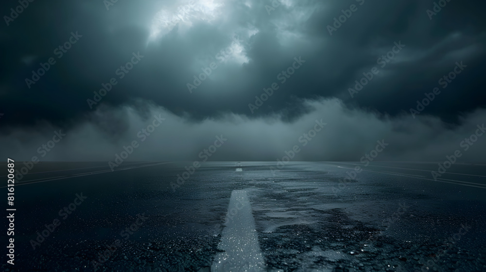 Poster empty asphalt road platform and clouds scenery at night : generative ai