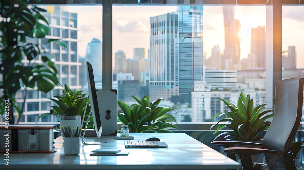 Poster Modern office with open space to work thought the window and background city : Generative AI
