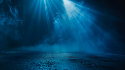 Obraz premium Rays spotlights light Empty dark scene with blue light Asphalt blue dark street with smoke : Generative AI