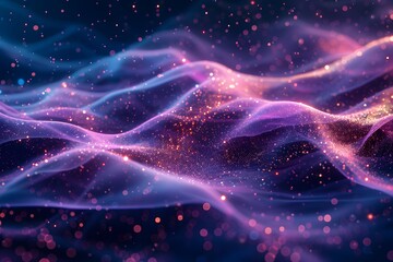 Vibrant digital purple particles wave abstract background with shining dots. Artistic backdrop concept.