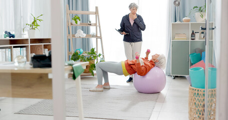 Senior woman, exercise ball and personal trainer in home, tablet or app for training advice,...