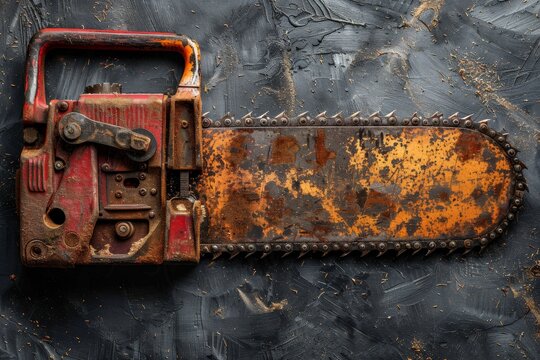 An old and rusty chainsaw lying against a textured dark background, showcasing wear and age