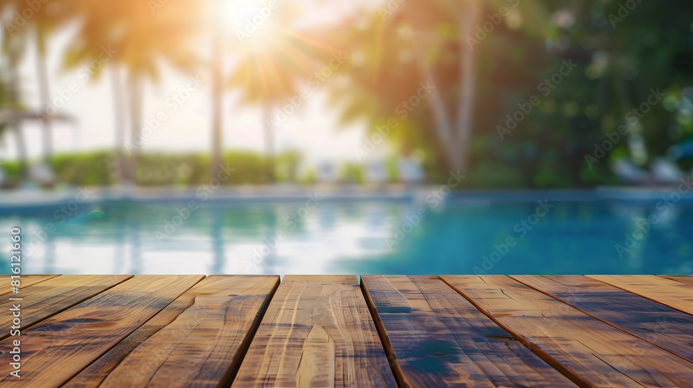 Poster Empty wooden table in front with blurred background of swimming pool : Generative AI