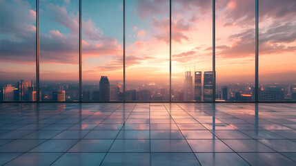 Fototapeta premium Empty floor and modern city skyline with sky clouds at sunset : Generative AI