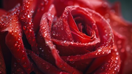 Macro shot of a vibrant red rose with delicate dewdrops, signifying romance and beauty