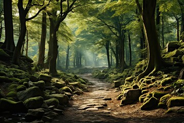 Vast otherworldly forest, trees with vibrant leaves, rich green colors - Powered by Adobe
