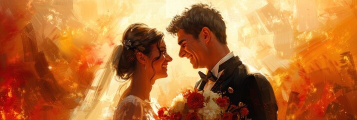 Couple facing with abstract fiery background